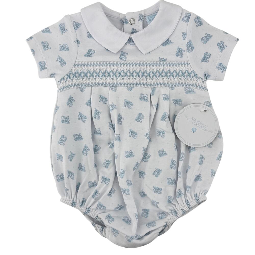 Edgehill Collection Train Print Short Sleeve Smocked Bubble Romper Sz 3 M